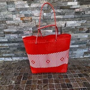 Orange and White Woven Tote Bag